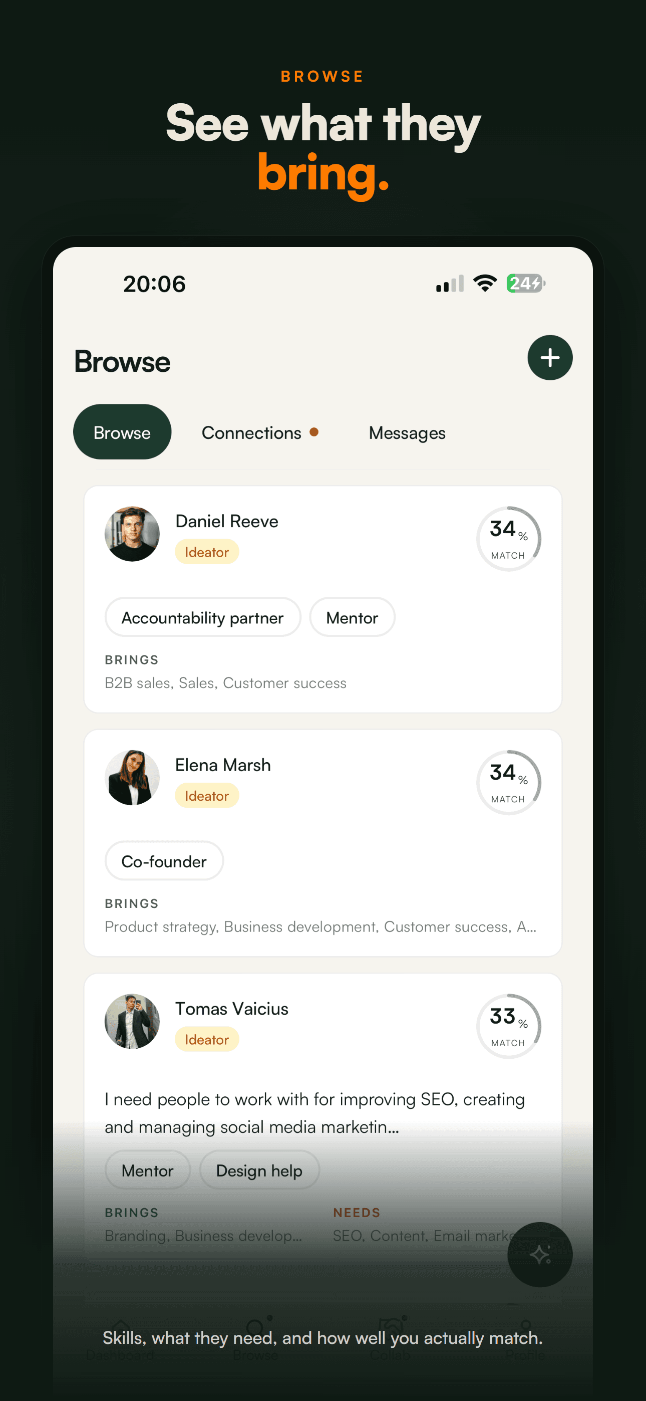 Browsing founders, with what each person brings and a match score